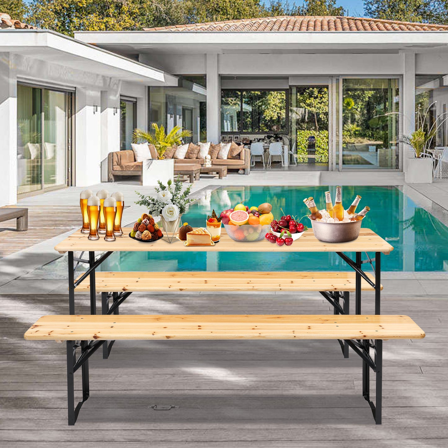 3pcs Two Leg Folding Yellow Courtyard Folding Table And Chair Set Solid Wood Steel