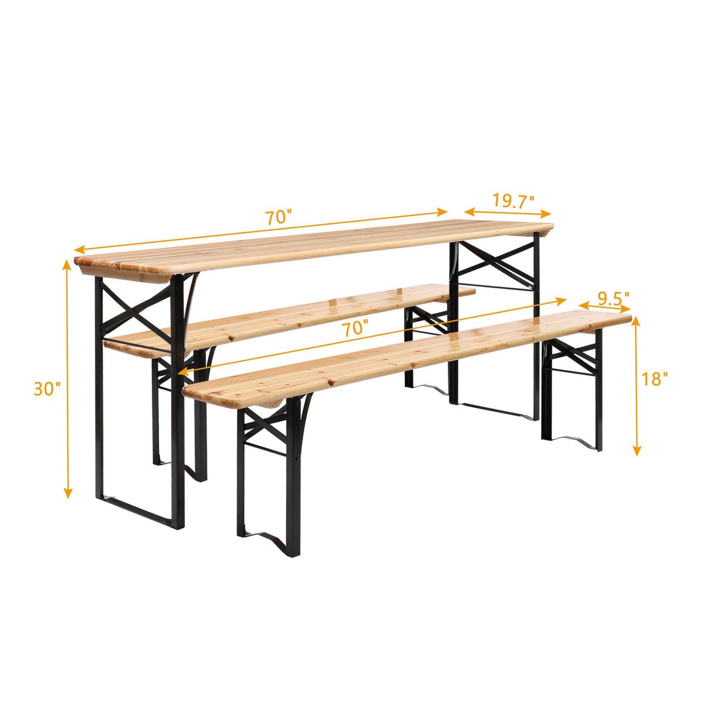 3pcs Two Leg Folding Yellow Courtyard Folding Table And Chair Set Solid Wood Steel